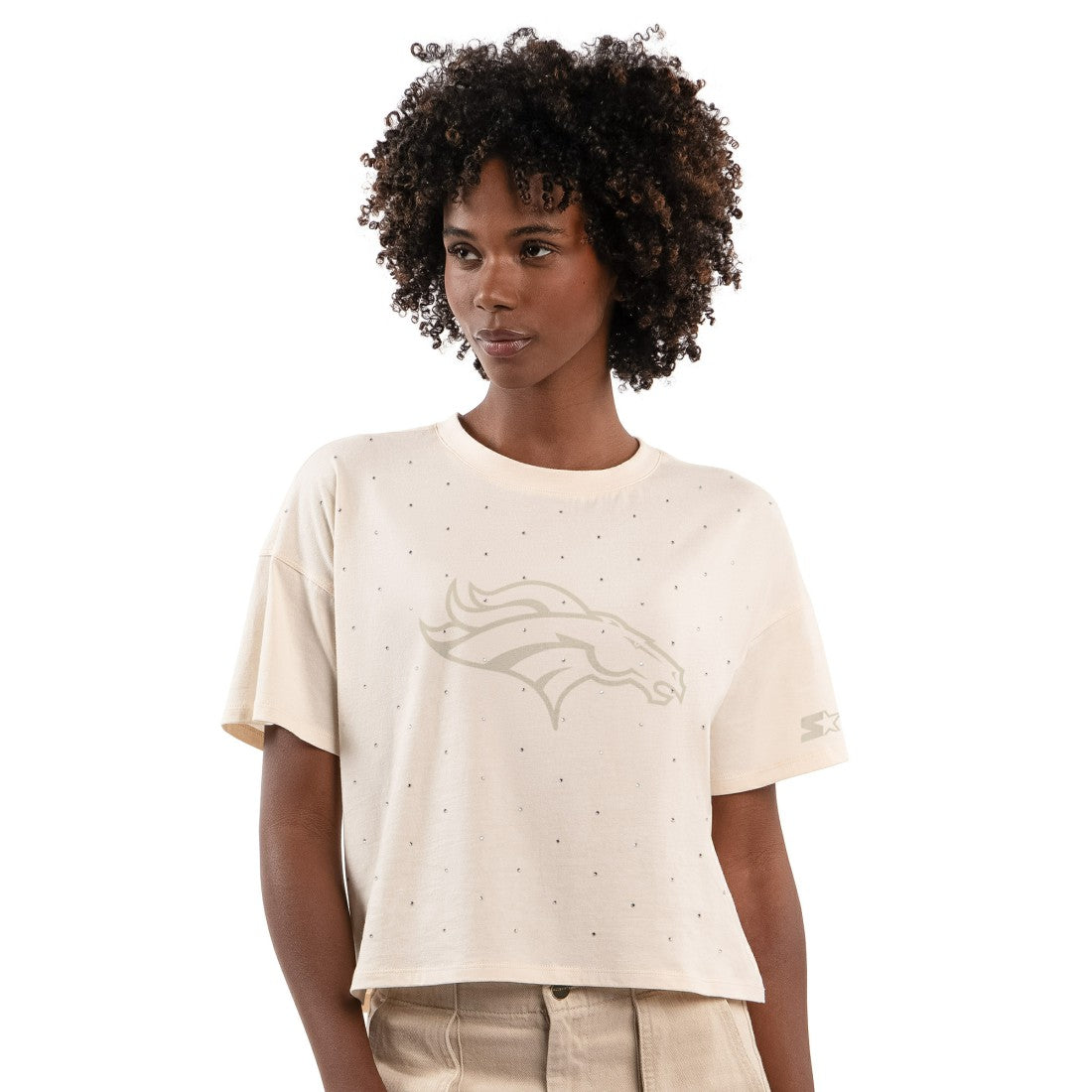 Denver Broncos Starter Women's Rhinestone Sprinkle Boxy Cropped T-Shirt Cream