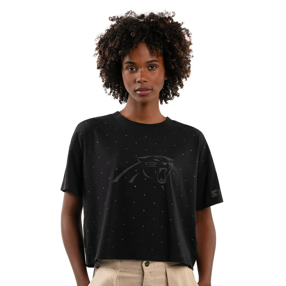 Carolina Panthers Starter Women's Rhinestone Sprinkle Boxy Cropped T-Shirt Black
