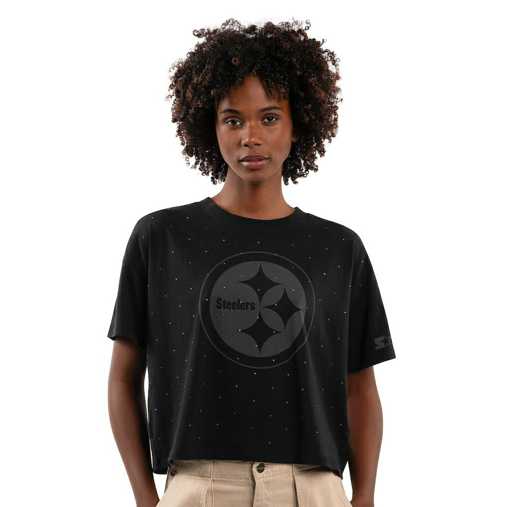 Pittsburgh Steelers Starter Women's Rhinestone Sprinkle Boxy Cropped T-Shirt Black