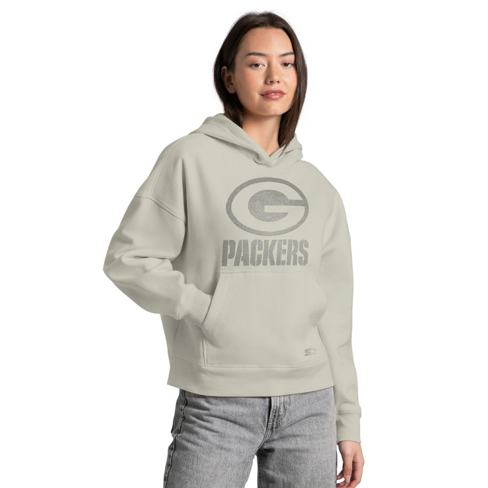 Green Bay Packers Starter Women's Rhinestone Relaxed Hoodie Khaki