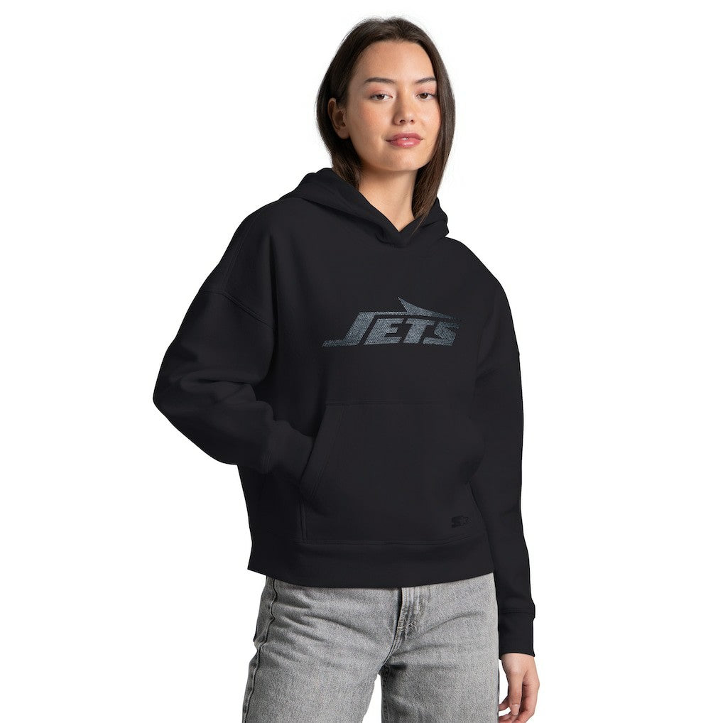New York Jets Starter Women's Rhinestone Relaxed Hoodie Black