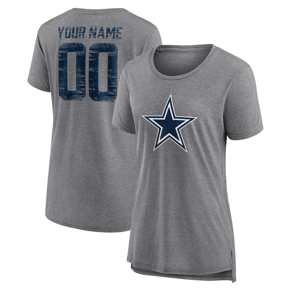 Dallas Cowboys Women's Heritage Custom Name & Number Tri-Blend T-Shirt Gray
