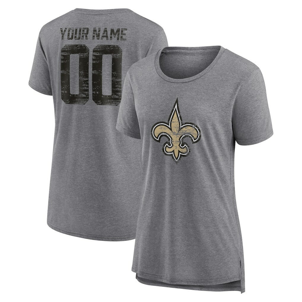 New Orleans Saints Women's Heritage Custom Name & Number Tri-Blend T-Shirt Gray