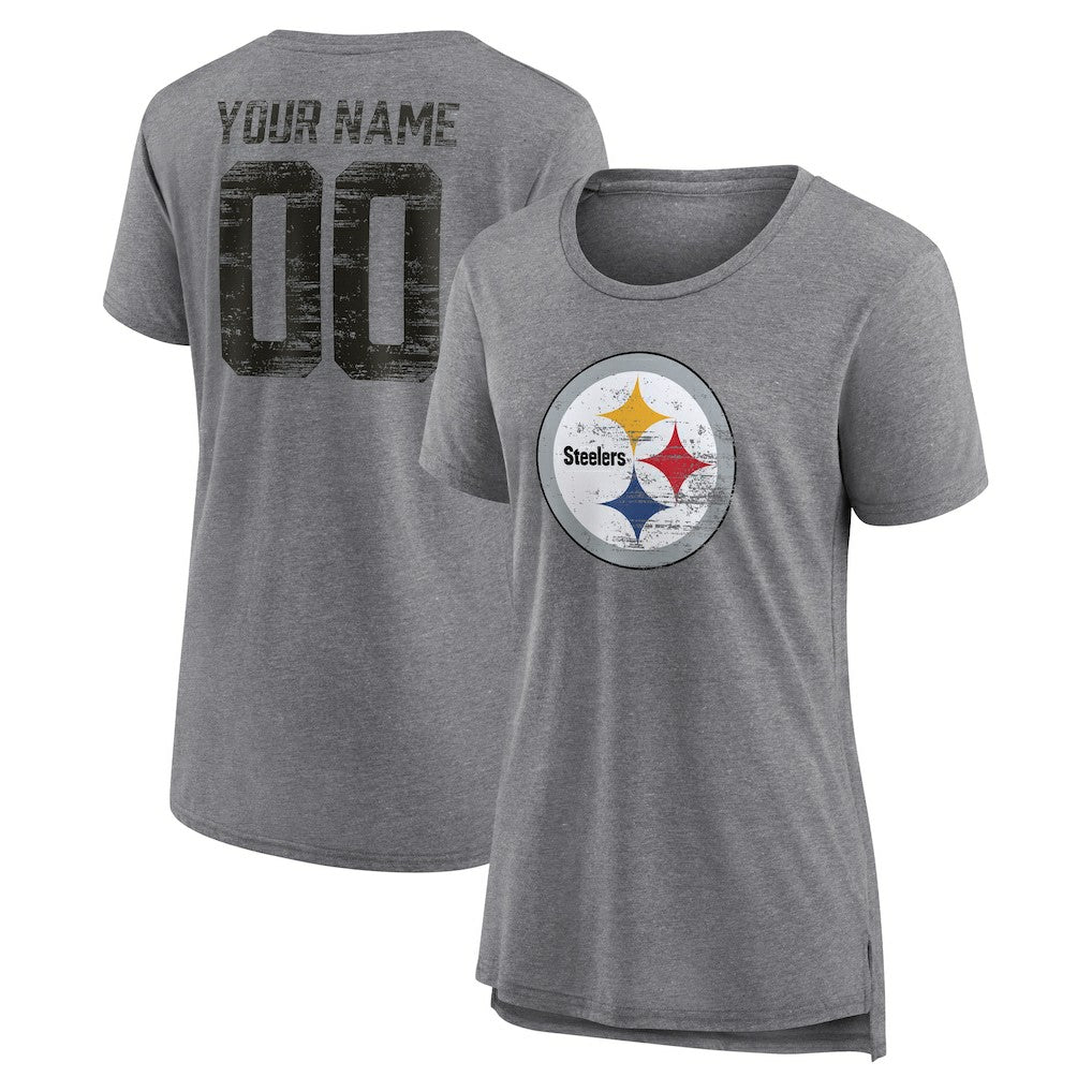 Pittsburgh Steelers Women's Heritage Custom Name & Number Tri-Blend T-Shirt Gray