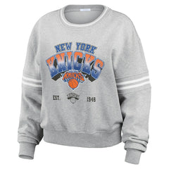 New York Knicks WEAR by Erin Andrews Women's Sleeve Stripe Fleece Crewneck Sweatshirt Gray