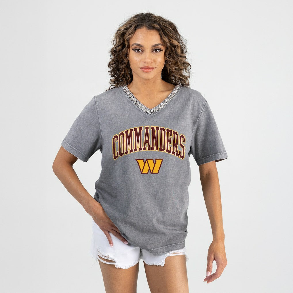 Washington Commanders Gameday Couture Women's Relaxed Iconic Edge Rhinestone V-Neck T-Shirt Gray