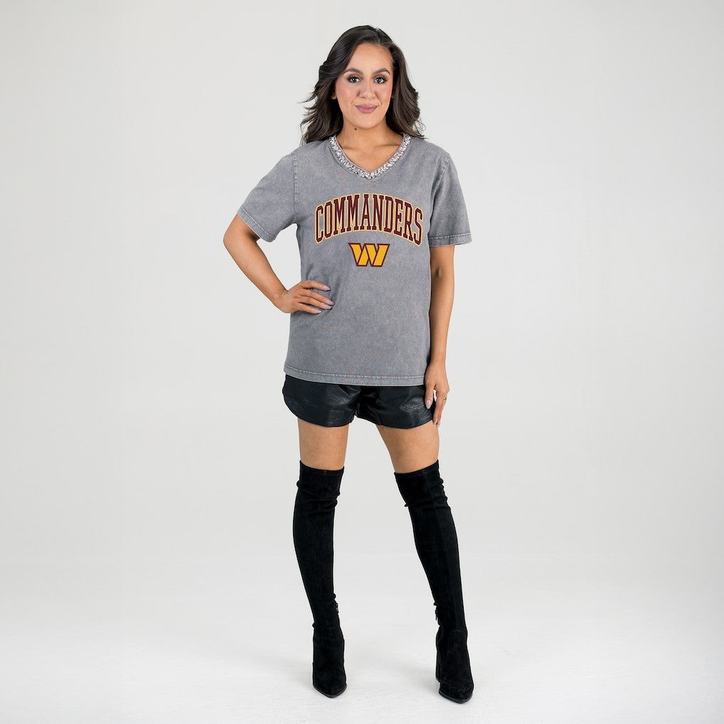 Washington Commanders Gameday Couture Women's Relaxed Iconic Edge Rhinestone V-Neck T-Shirt Gray