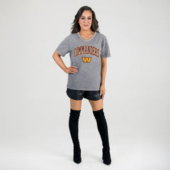 Washington Commanders Gameday Couture Women's Relaxed Iconic Edge Rhinestone V-Neck T-Shirt Gray