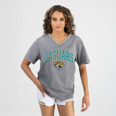 Jacksonville Jaguars Gameday Couture Women's Relaxed Iconic Edge Rhinestone V-Neck T-Shirt Gray