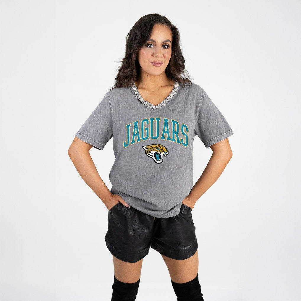 Jacksonville Jaguars Gameday Couture Women's Relaxed Iconic Edge Rhinestone V-Neck T-Shirt Gray