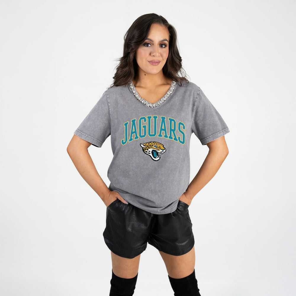 Jacksonville Jaguars Gameday Couture Women's Relaxed Iconic Edge Rhinestone V-Neck T-Shirt Gray