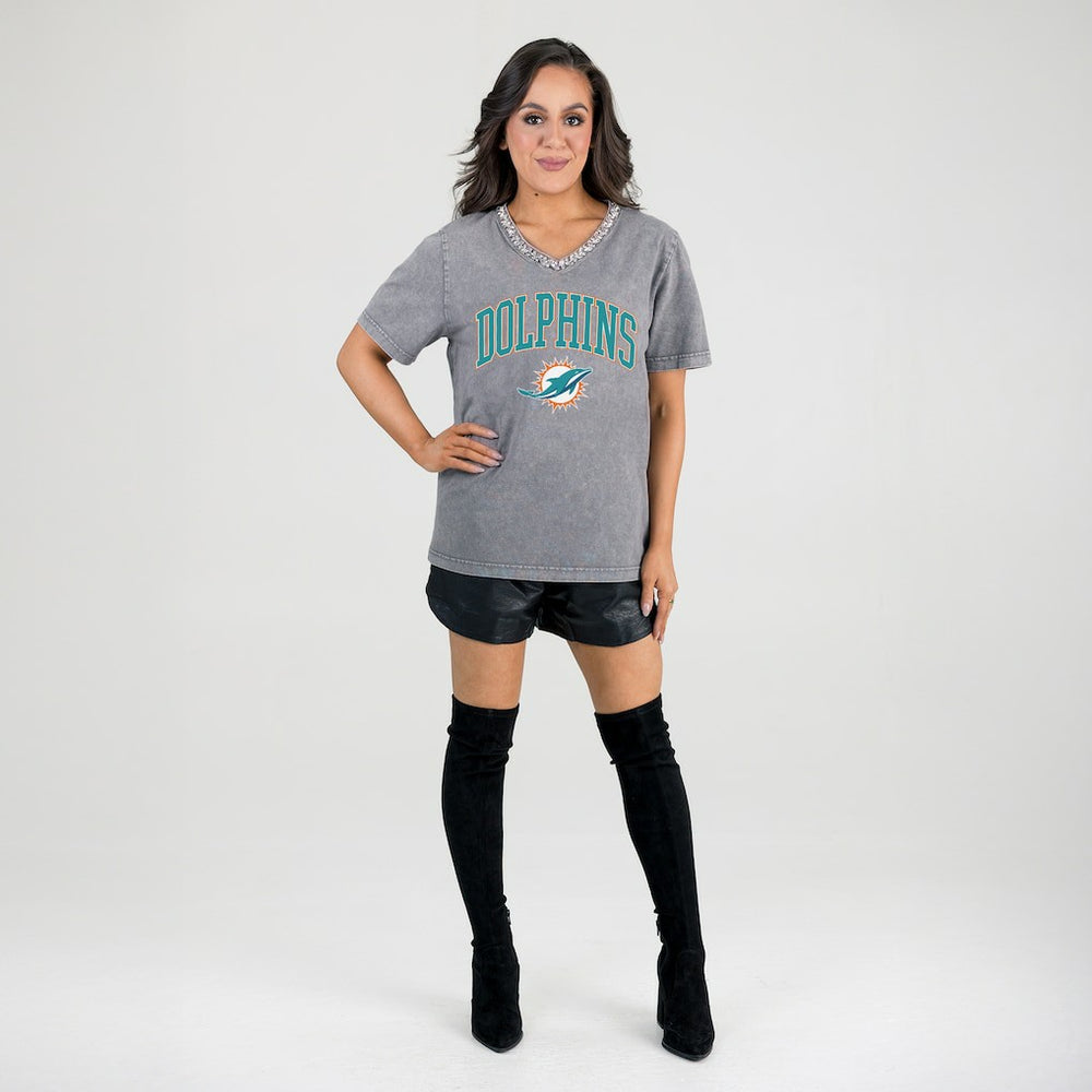 Miami Dolphins Gameday Couture Women's Relaxed Iconic Edge Rhinestone V-Neck T-Shirt Gray