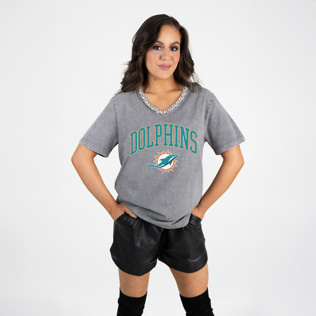 Miami Dolphins Gameday Couture Women's Relaxed Iconic Edge Rhinestone V-Neck T-Shirt Gray