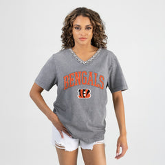 Cincinnati Bengals Gameday Couture Women's Relaxed Iconic Edge Rhinestone V-Neck T-Shirt Gray