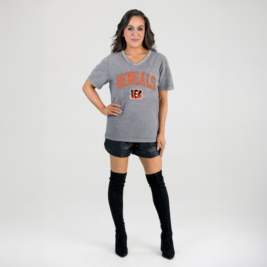 Cincinnati Bengals Gameday Couture Women's Relaxed Iconic Edge Rhinestone V-Neck T-Shirt Gray