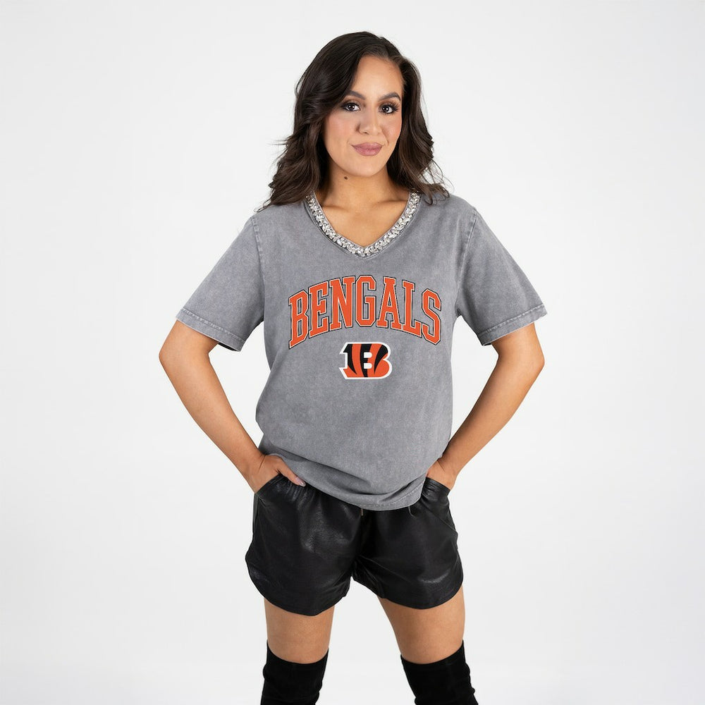 Cincinnati Bengals Gameday Couture Women's Relaxed Iconic Edge Rhinestone V-Neck T-Shirt Gray