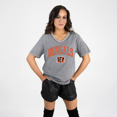 Cincinnati Bengals Gameday Couture Women's Relaxed Iconic Edge Rhinestone V-Neck T-Shirt Gray