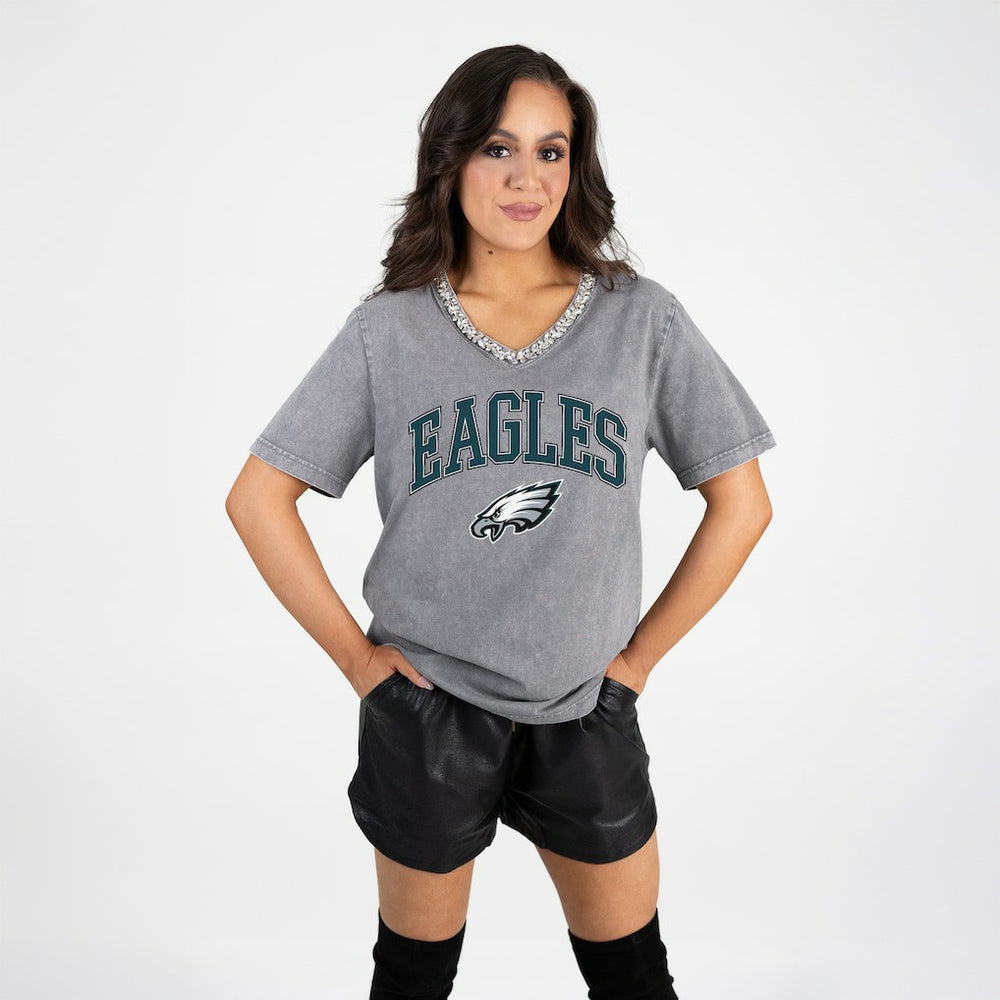Philadelphia Eagles Gameday Couture Women's Relaxed Iconic Edge Rhinestone V-Neck T-Shirt Gray