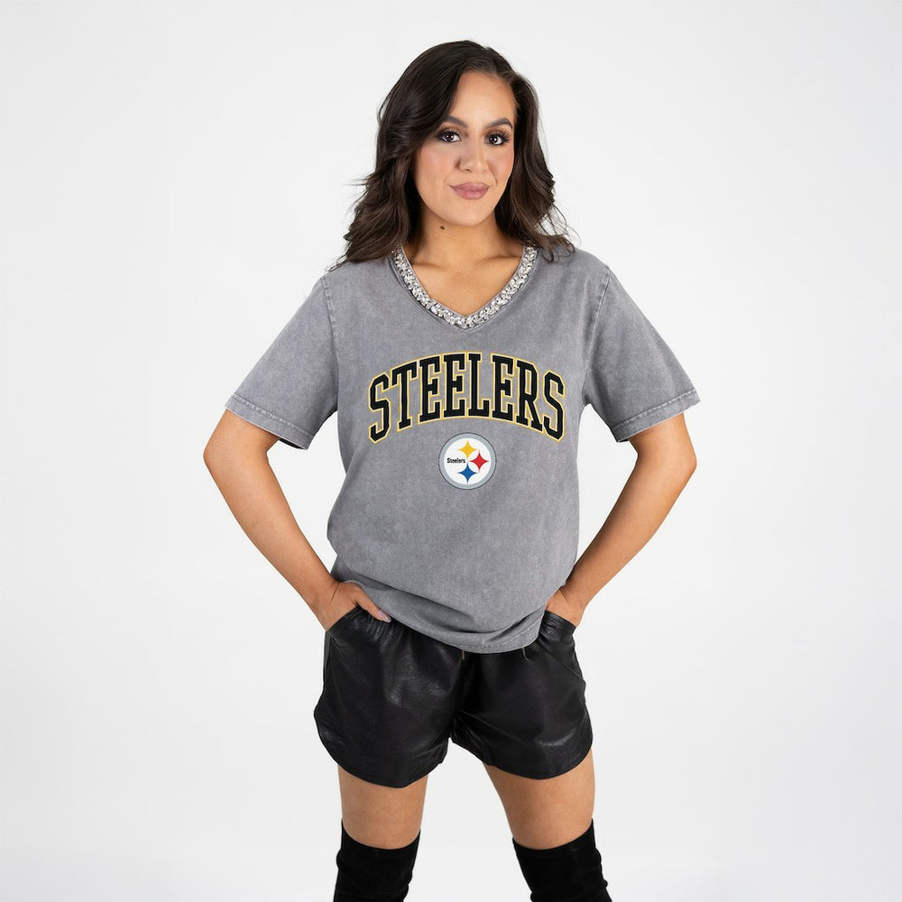 Pittsburgh Steelers Gameday Couture Women's Relaxed Iconic Edge Rhinestone V-Neck T-Shirt Gray