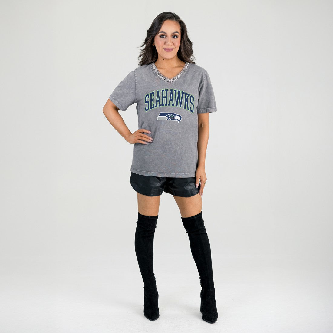 Seattle Seahawks Gameday Couture Women's Relaxed Iconic Edge Rhinestone V-Neck T-Shirt Gray