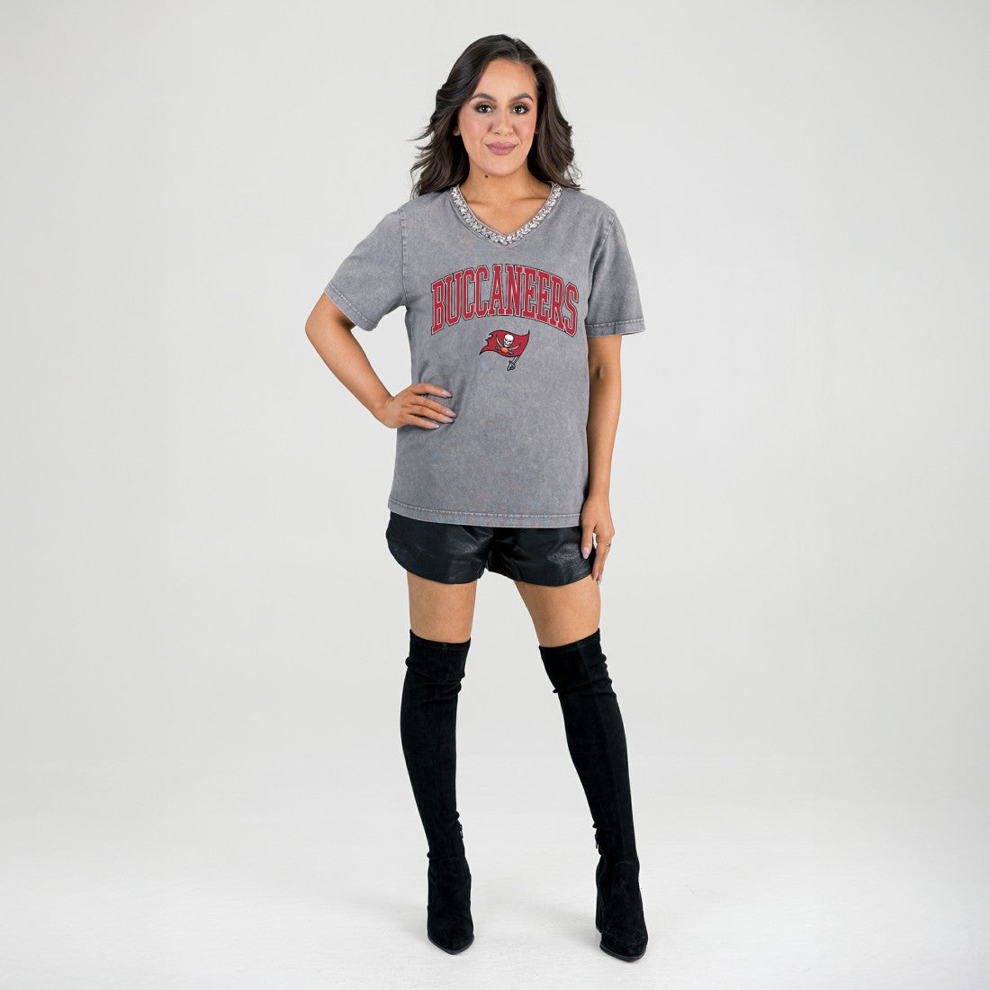 Tampa Bay Buccaneers Gameday Couture Women's Relaxed Iconic Edge Rhinestone V-Neck T-Shirt Gray