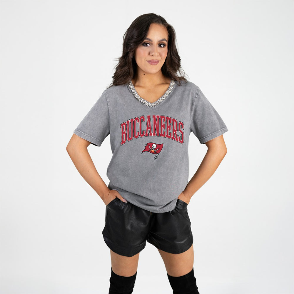 Tampa Bay Buccaneers Gameday Couture Women's Relaxed Iconic Edge Rhinestone V-Neck T-Shirt Gray