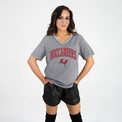 Tampa Bay Buccaneers Gameday Couture Women's Relaxed Iconic Edge Rhinestone V-Neck T-Shirt Gray