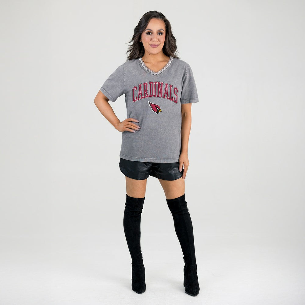 Arizona Cardinals Gameday Couture Women's Relaxed Iconic Edge Rhinestone V-Neck T-Shirt Gray