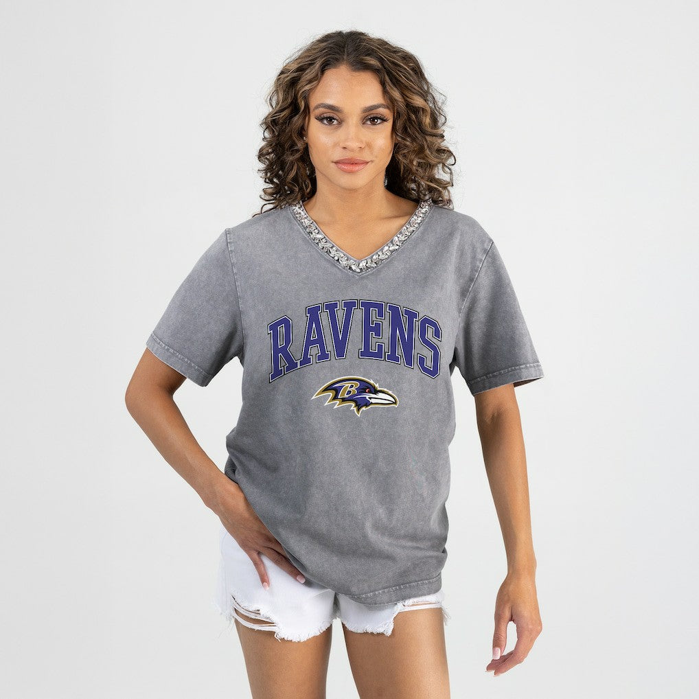 Baltimore Ravens Gameday Couture Women's Relaxed Iconic Edge Rhinestone V-Neck T-Shirt Gray