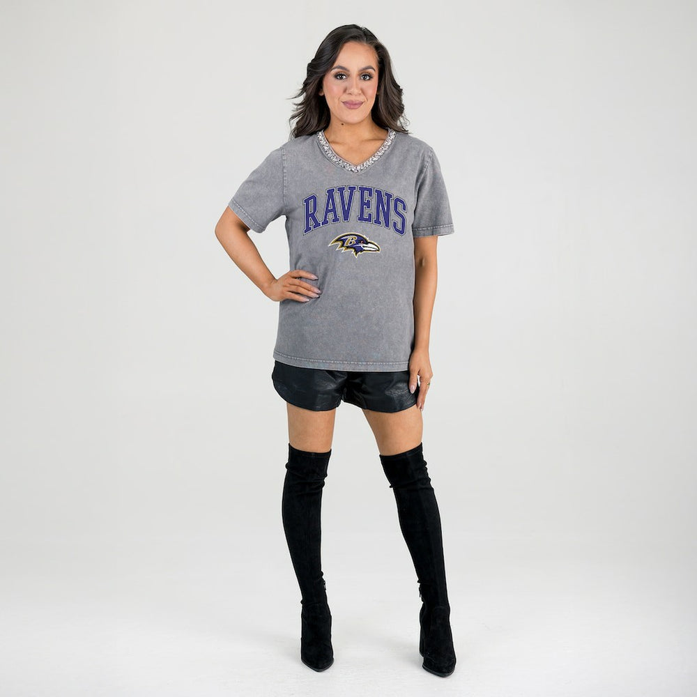 Baltimore Ravens Gameday Couture Women's Relaxed Iconic Edge Rhinestone V-Neck T-Shirt Gray