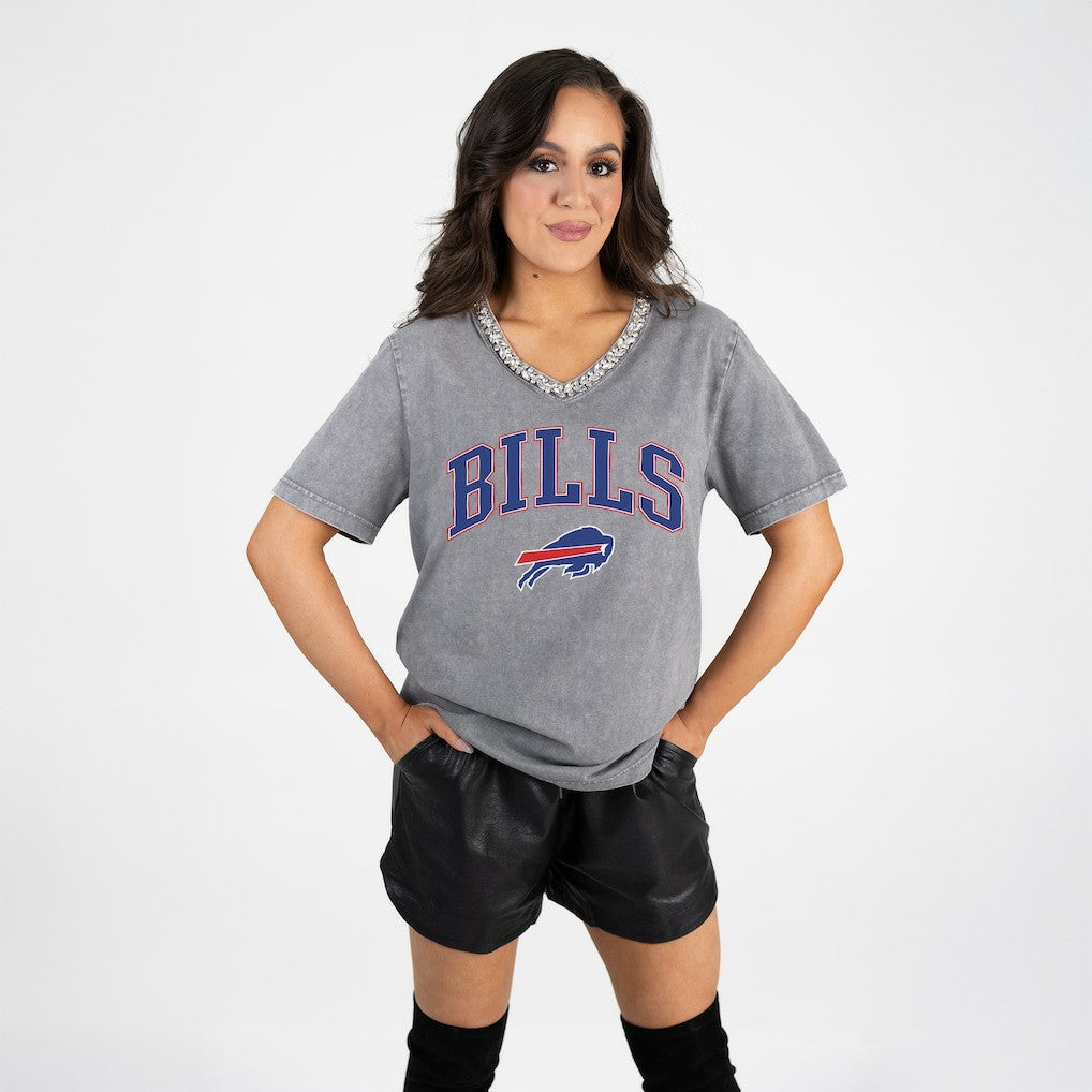 Buffalo Bills Gameday Couture Women's Relaxed Iconic Edge Rhinestone V-Neck T-Shirt Gray