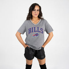 Buffalo Bills Gameday Couture Women's Relaxed Iconic Edge Rhinestone V-Neck T-Shirt Gray