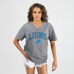 Detroit Lions Gameday Couture Women's Relaxed Iconic Edge Rhinestone V-Neck T-Shirt Gray