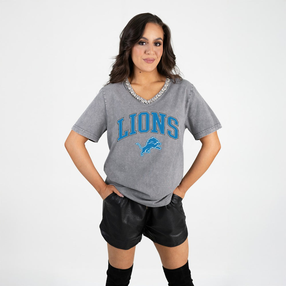 Detroit Lions Gameday Couture Women's Relaxed Iconic Edge Rhinestone V-Neck T-Shirt Gray