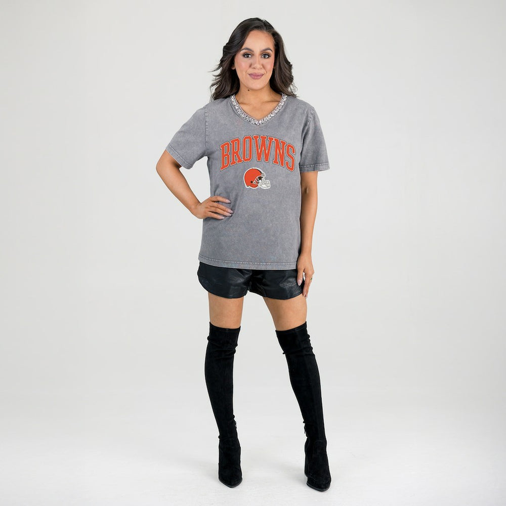 Cleveland Browns Gameday Couture Women's Relaxed Iconic Edge Rhinestone V-Neck T-Shirt Gray