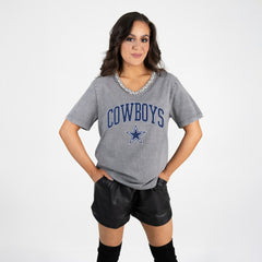 Dallas Cowboys Gameday Couture Women's Relaxed Iconic Edge Rhinestone V-Neck T-Shirt Gray