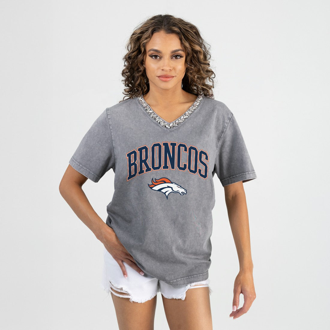Denver Broncos Gameday Couture Women's Relaxed Iconic Edge Rhinestone V-Neck T-Shirt Gray