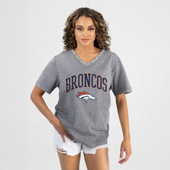 Denver Broncos Gameday Couture Women's Relaxed Iconic Edge Rhinestone V-Neck T-Shirt Gray