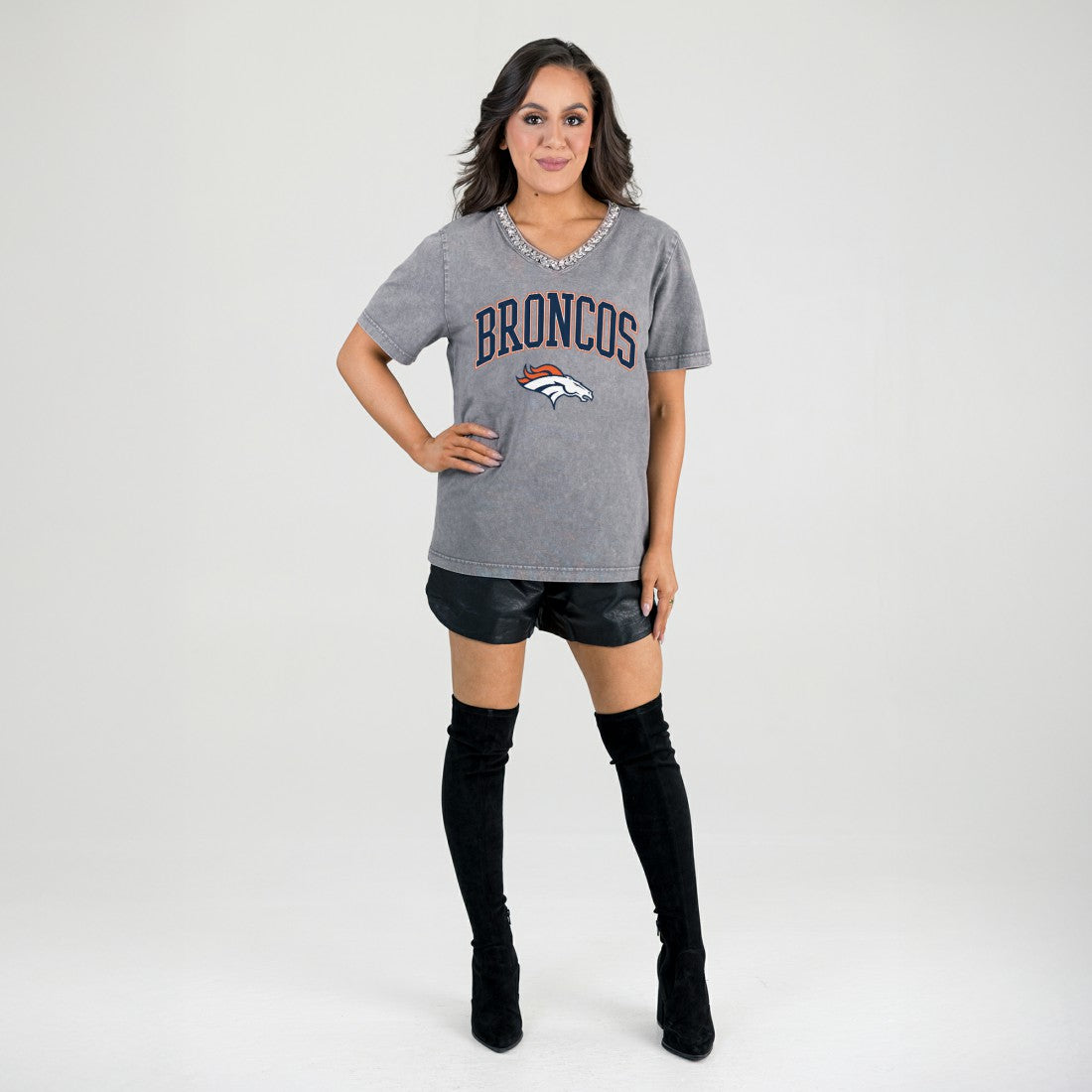Denver Broncos Gameday Couture Women's Relaxed Iconic Edge Rhinestone V-Neck T-Shirt Gray
