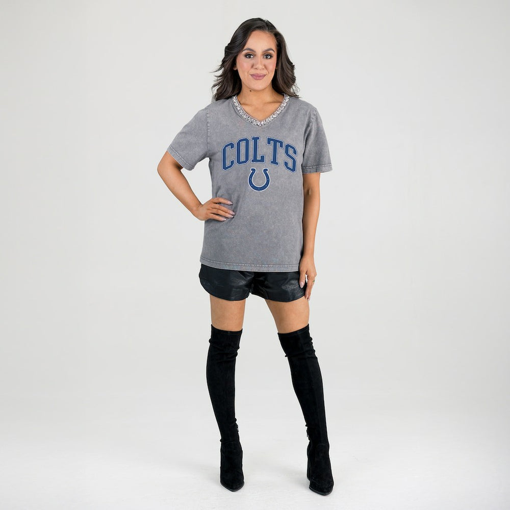 Indianapolis Colts Gameday Couture Women's Relaxed Iconic Edge Rhinestone V-Neck T-Shirt Gray