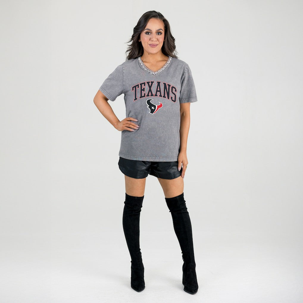 Houston Texans Gameday Couture Women's Relaxed Iconic Edge Rhinestone V-Neck T-Shirt Gray