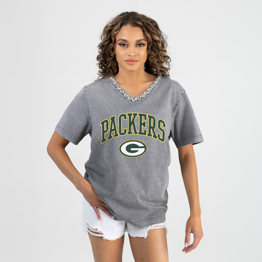 Green Bay Packers Gameday Couture Women's Relaxed Iconic Edge Rhinestone V-Neck T-Shirt Gray