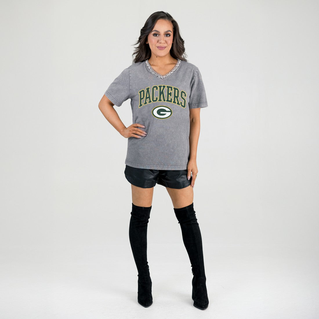 Green Bay Packers Gameday Couture Women's Relaxed Iconic Edge Rhinestone V-Neck T-Shirt Gray