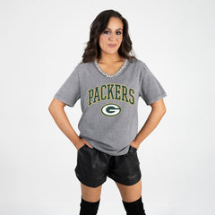 Green Bay Packers Gameday Couture Women's Relaxed Iconic Edge Rhinestone V-Neck T-Shirt Gray
