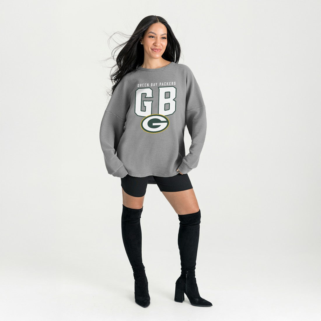Green Bay Packers Gameday Couture Women's Oversized Pure Motion Corded Sweatshirt Gray