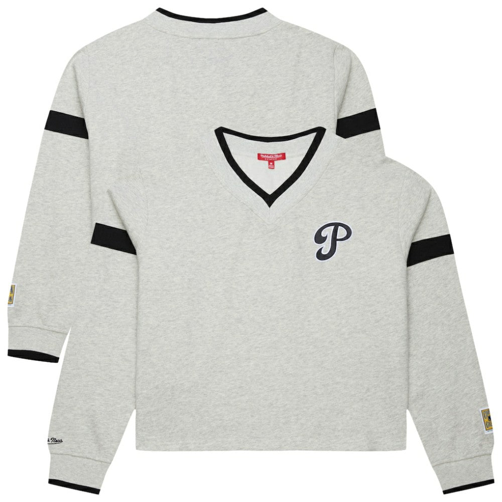 Philadelphia Phillies Mitchell & Ness Women's Cooperstown Collection V-Neck Cropped Toggle Sweatshirt - Heather Gray - Mitchell & Ness Lifestyle