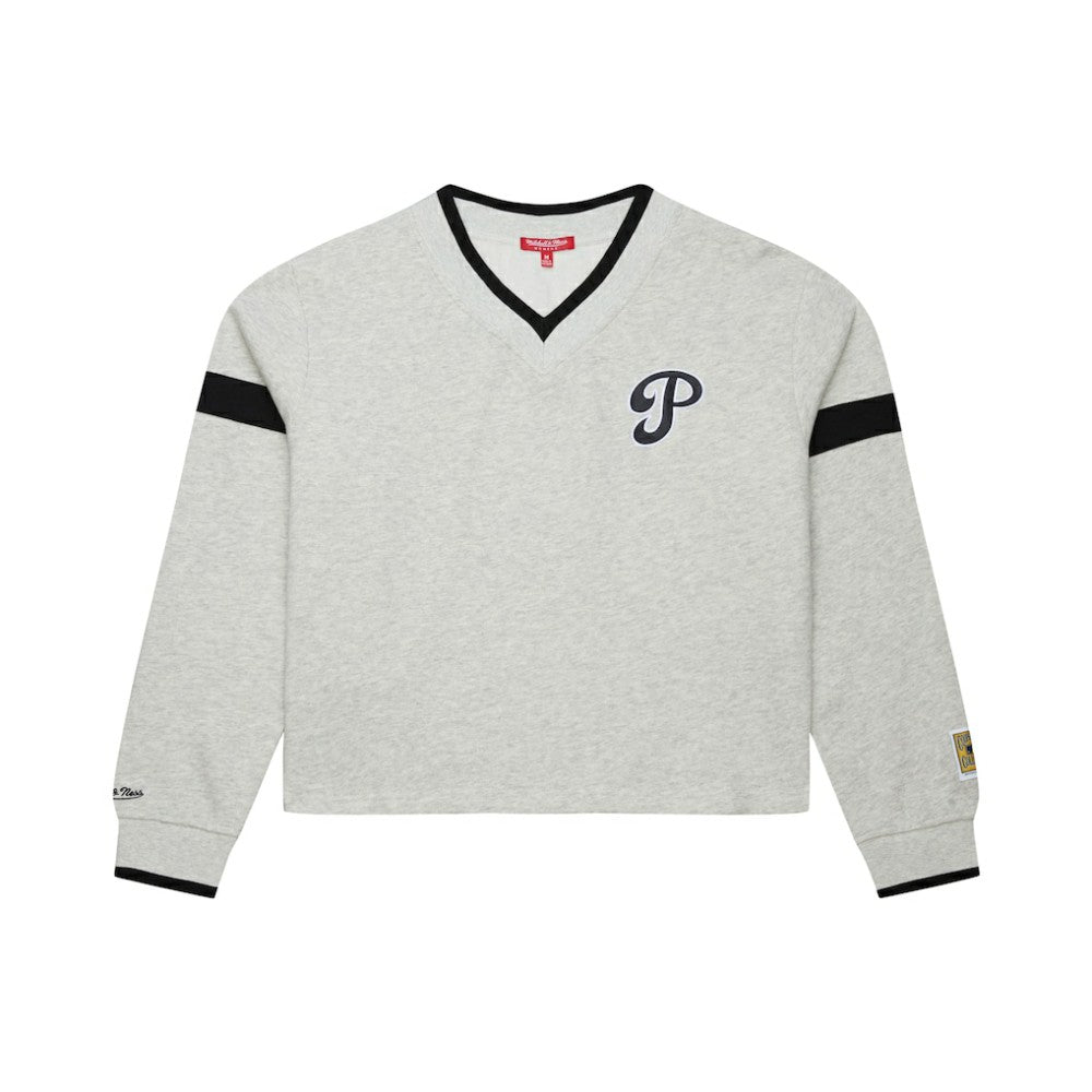 Philadelphia Phillies Mitchell & Ness Women's Cooperstown Collection V-Neck Cropped Toggle Sweatshirt - Heather Gray - Mitchell & Ness Lifestyle
