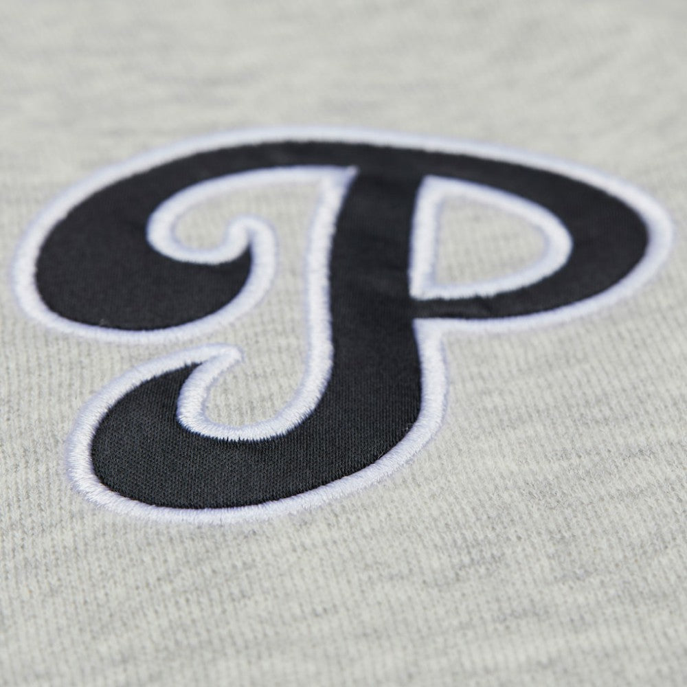 Philadelphia Phillies Mitchell & Ness Women's Cooperstown Collection V-Neck Cropped Toggle Sweatshirt - Heather Gray - Mitchell & Ness Lifestyle