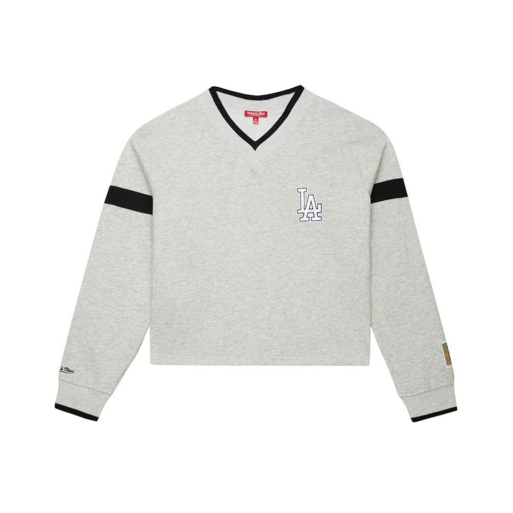 Los Angeles Dodgers Mitchell & Ness Women's Cooperstown Collection V-Neck Cropped Toggle Sweatshirt - Heather Gray - Mitchell & Ness Lifestyle