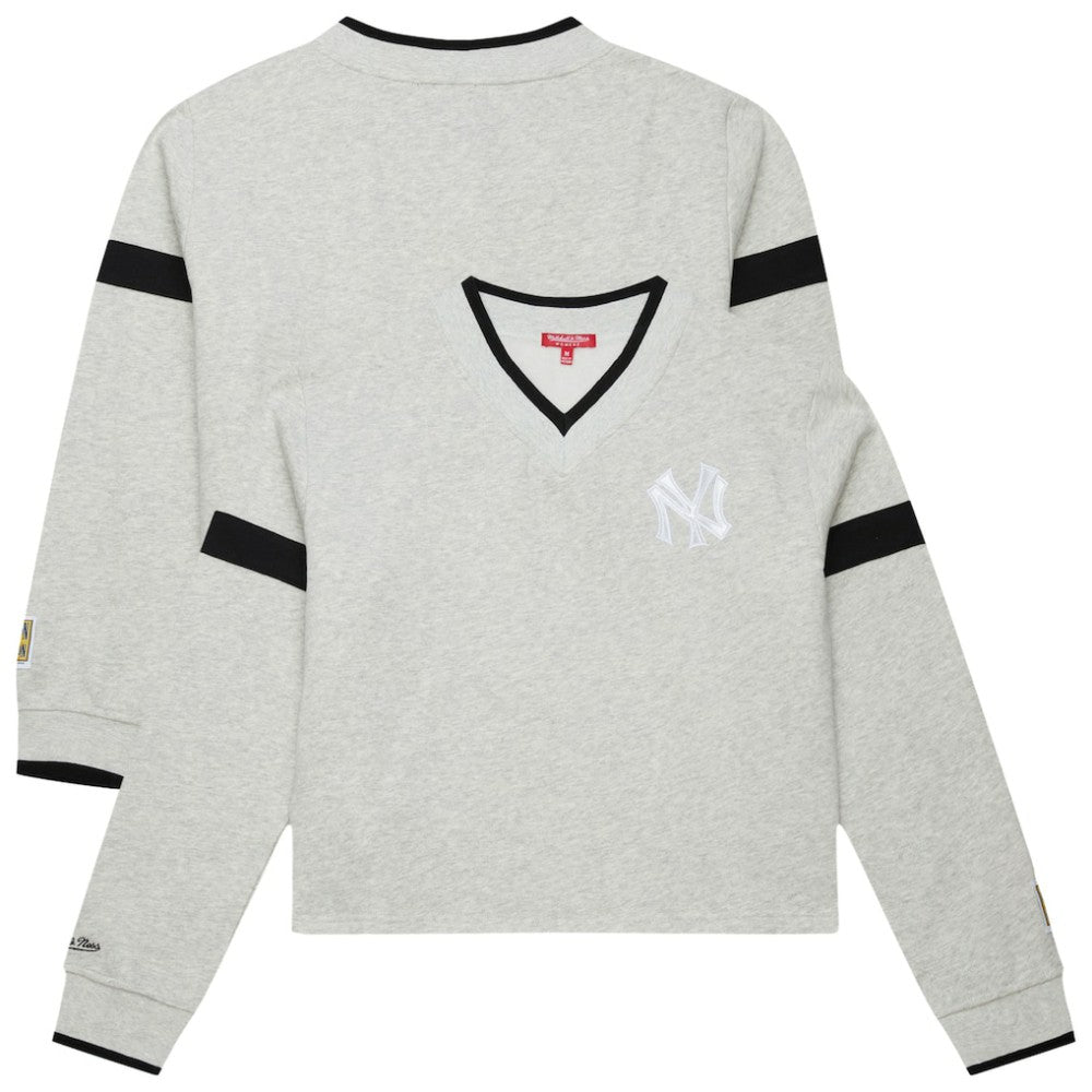 New York Yankees Mitchell & Ness Women's Cooperstown Collection V-Neck Cropped Toggle Sweatshirt - Heather Gray - Mitchell & Ness on Sale